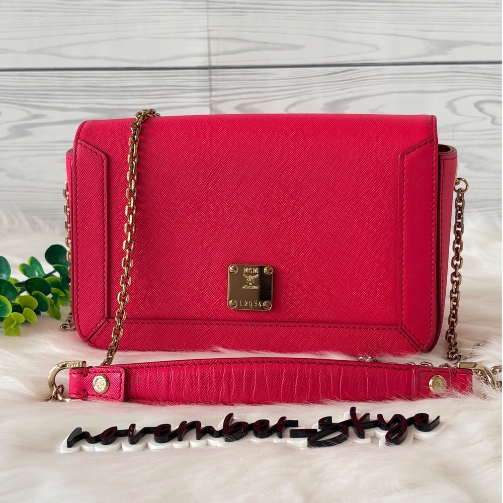 MCM Pink Saffiano Leather Crossbody Bag Gold Chain Strap Logo